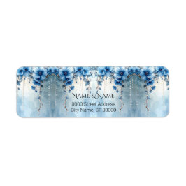 Blauwe Bloemen en Parels Retouradreslabel Etiket
