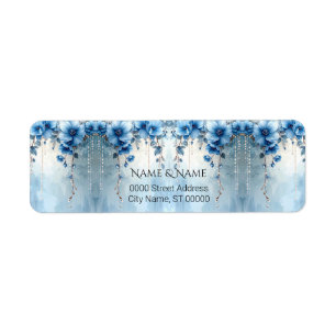 Blauwe Bloemen en Parels Retouradreslabel Etiket