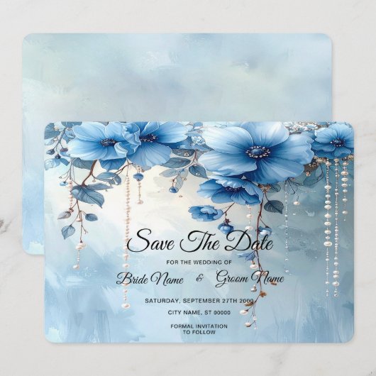 Blauwe Bloemen en Parels Save The Date (Voorkant / Achterkant)