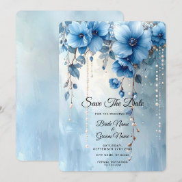 Blauwe Bloemen en Parels Saven het Datum Save The Date
