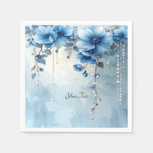 Blauwe Bloemen en Parels Servet (Voorkant)