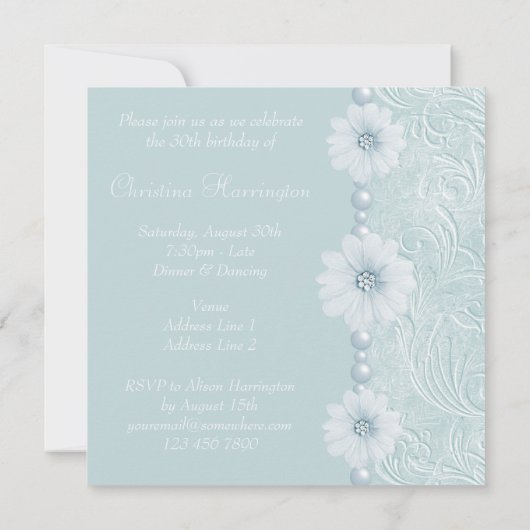  blauwe bloemen en parels van de geboorte kaart (Achterkant)