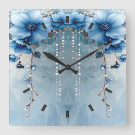 Blauwe Bloemen en Parels Wandklok
