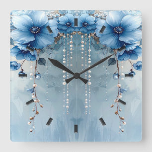 Blauwe Bloemen en Parels Wandklok