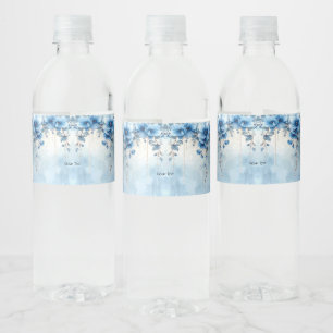 Blauwe Bloemen en Parels Waterfles Label Etiket
