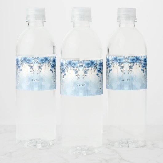 Blauwe Bloemen en Parels Waterfles Label Etiket (Flessen)