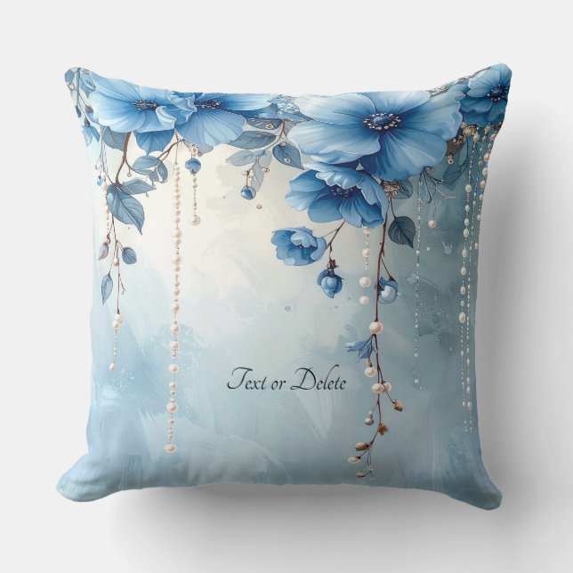 Blauwe Bloemen en Parels Worp Kussen (Voorkant)