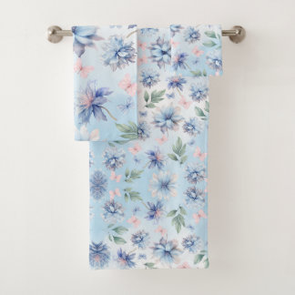 Blauwe bloemen en roze vlinders bad handdoek