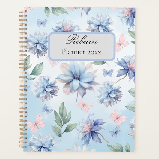 Blauwe bloemen en roze vlinders Planner (Voorkant)