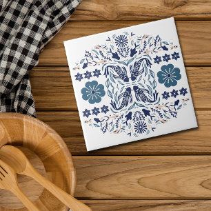 Blauwe bloemen en vis Aziatische visie Tegeltje