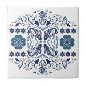 Blauwe bloemen en vis Aziatische visie Tegeltje (Voorkant)