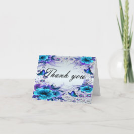 Blauwe bloemen en vlinder bedankkaart