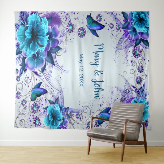 Blauwe bloemen en vlinder bruiloft achtergrond wandkleed (In Situ (horizontaal))