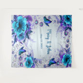 Blauwe bloemen en vlinder bruiloft achtergrond wandkleed (Voorkant (horizontaal))