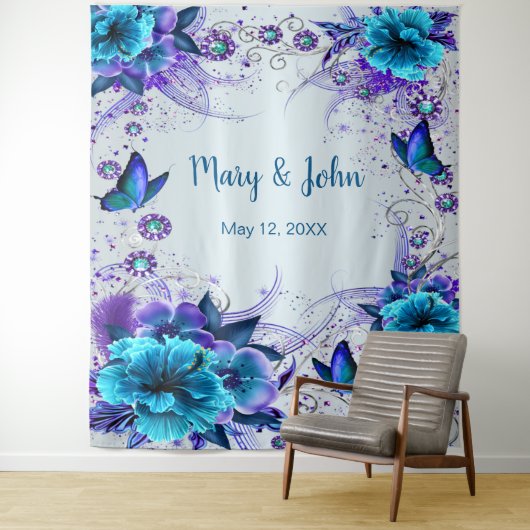 Blauwe bloemen en vlinder bruiloft achtergrond wandkleed (In situ)
