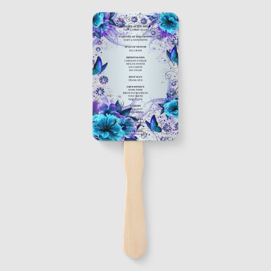Blauwe bloemen en vlinder bruiloft programma handwaaier (Achterkant)