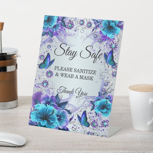 Blauwe Bloemen en Vlinder Bruiloft Veiligheid Reclamebord Met Voetstuk (Insitu)