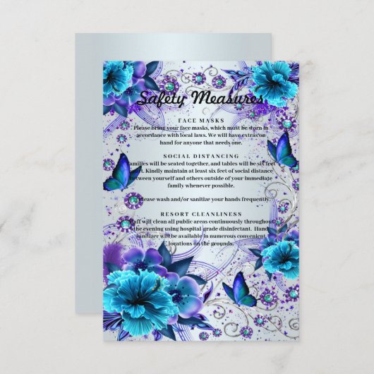 Blauwe bloemen en vlinder bruiloft veiligheidsmaat informatiekaartje (Voorkant / Achterkant)