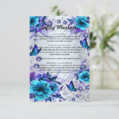 Blauwe bloemen en vlinder bruiloft veiligheidsmaat informatiekaartje (Staand voorkant)