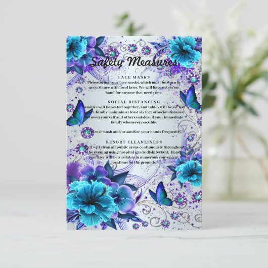 Blauwe bloemen en vlinder bruiloft veiligheidsmaat informatiekaartje (Staand voorkant)