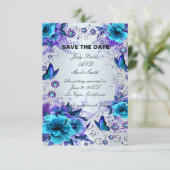 Blauwe Bloemen- en Vlinder Save The Date Kaart (Staand voorkant)