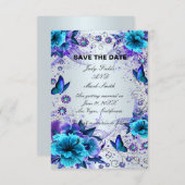Blauwe Bloemen- en Vlinder Save The Date Kaart (Voorkant / Achterkant)