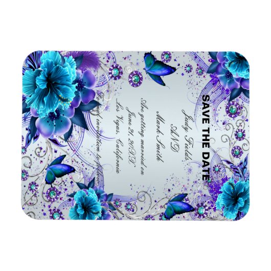 Blauwe bloemen en vlinder sparen de datummagneet magneet (Horizontaal)