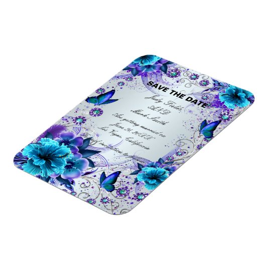 Blauwe bloemen en vlinder sparen de datummagneet magneet (Linkerzijde)