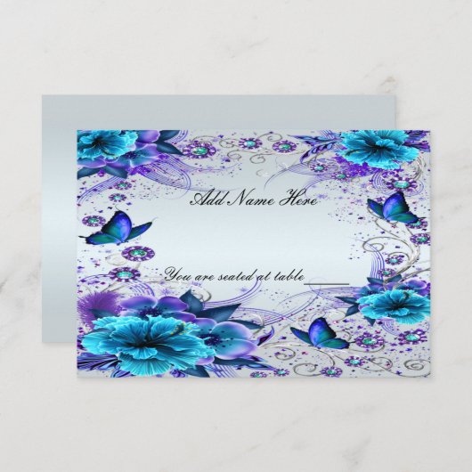 Blauwe Bloemen- En Vlinder Tafelkaart Kaart (Voorkant / Achterkant)