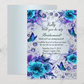 Blauwe bloemen- en vlinderbruidsmeisjeskaart kaart (Voorkant / Achterkant)