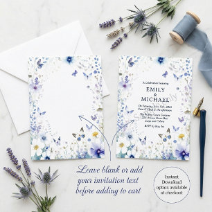 Blauwe bloemen en vlinders blanco trouwen kaart