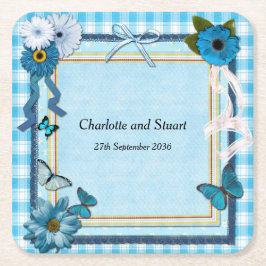 Blauwe bloemen en vlinders kartonnen onderzetters