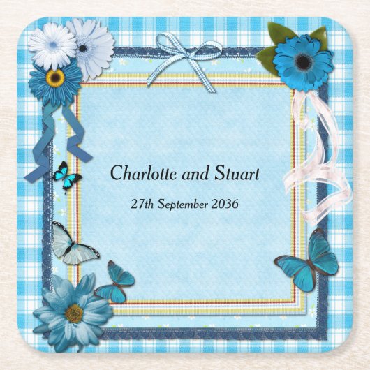 Blauwe bloemen en vlinders kartonnen onderzetters (Voorkant)