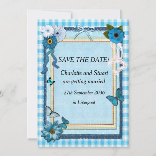 Blauwe Bloemen en Vlinders Save The Date (Voorkant)
