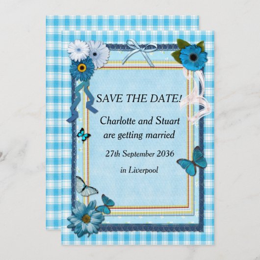 Blauwe Bloemen en Vlinders Save The Date (Voorkant / Achterkant)
