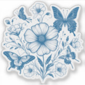 Blauwe bloemen en vlinders sticker (Voorkant)