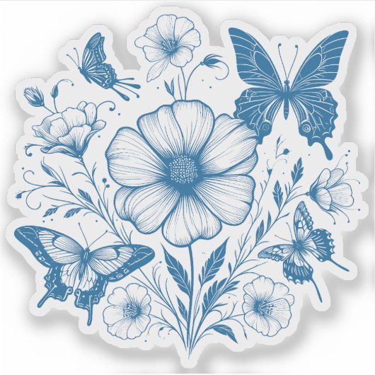 Blauwe bloemen en vlinders sticker (Voorkant)
