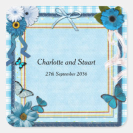 Blauwe Bloemen en Vlinders Vierkante Sticker