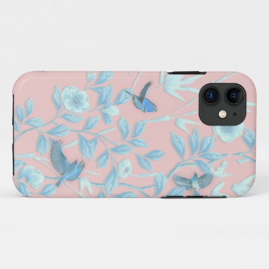 blauwe bloemen en vogel, achtergrondkleur lichte r Case-Mate iPhone case (Achterkant (horizontaal))