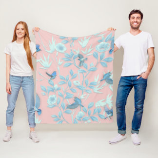 blauwe bloemen en vogel, achtergrondkleur lichte r fleece deken