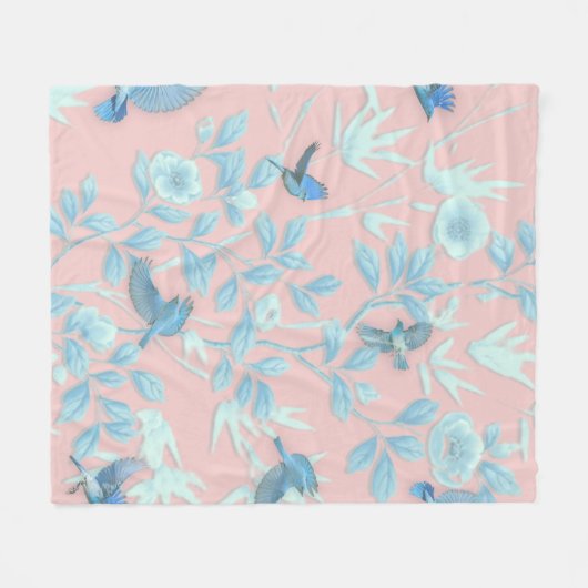 blauwe bloemen en vogel, achtergrondkleur lichte r fleece deken (Voorkant (Horizontaal))