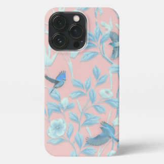 blauwe bloemen en vogel, achtergrondkleur lichte r iPhone 13 pro hoesje
