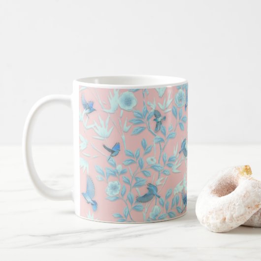 blauwe bloemen en vogel, achtergrondkleur lichte r koffiemok (Met donut)