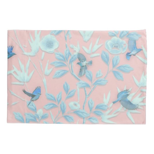 blauwe bloemen en vogel, achtergrondkleur lichte r kussensloop (Achterkant)