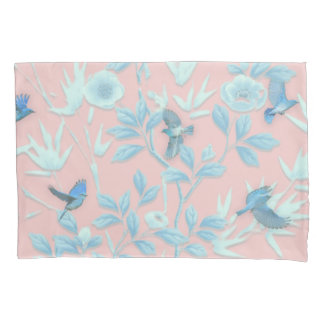 blauwe bloemen en vogel, achtergrondkleur lichte r kussensloop