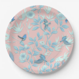 blauwe bloemen en vogel, achtergrondkleur lichte r papieren bordje