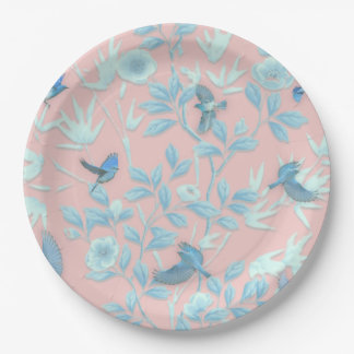 blauwe bloemen en vogel, achtergrondkleur lichte r papieren bordje