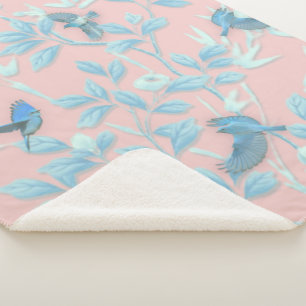 blauwe bloemen en vogel, achtergrondkleur lichte r sherpa deken