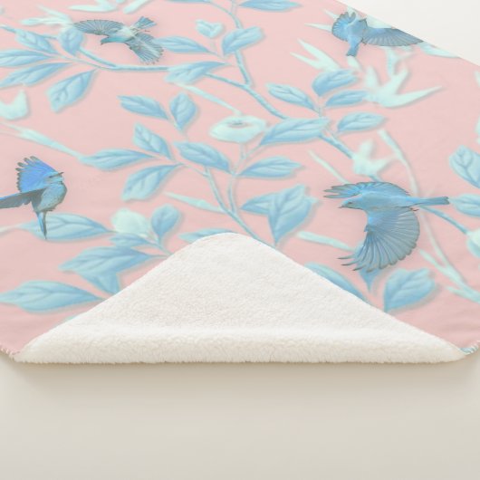 blauwe bloemen en vogel, achtergrondkleur lichte r sherpa deken (3/4)