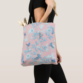 blauwe bloemen en vogel, achtergrondkleur lichte r tote bag